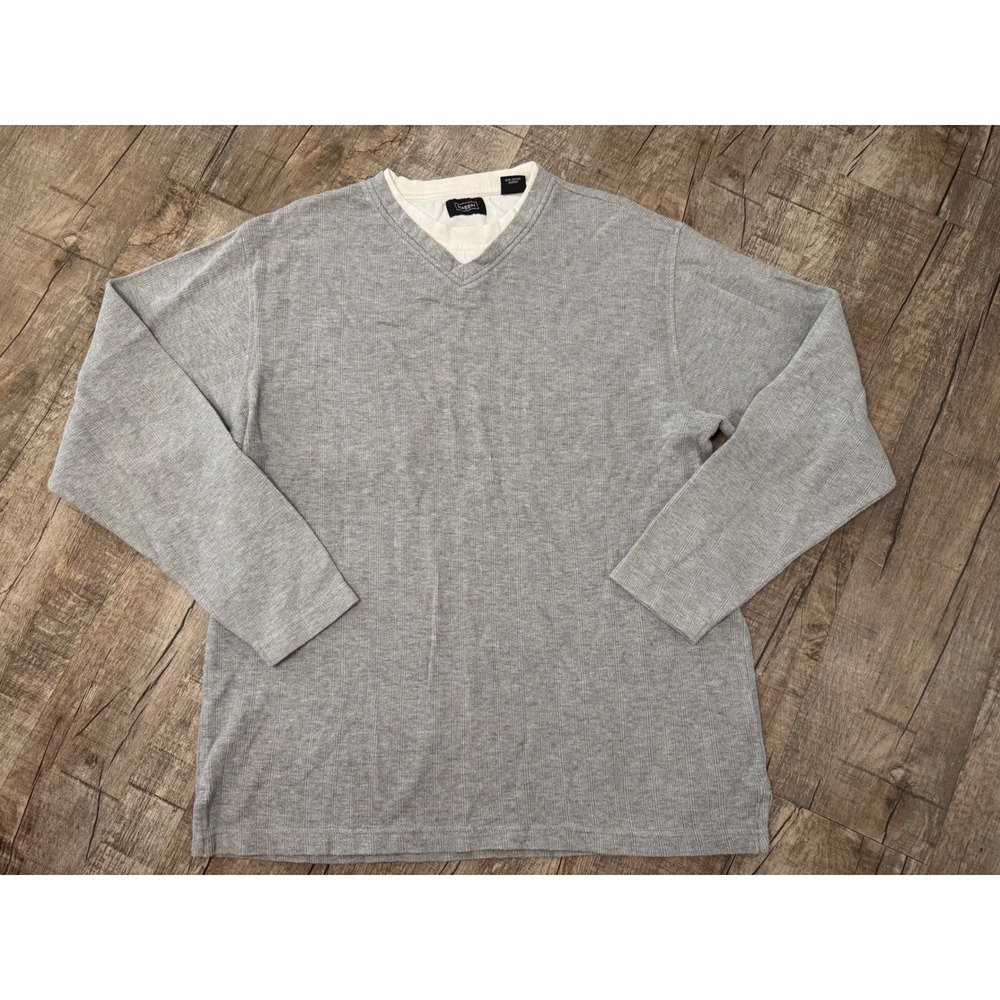 Haggar Mens Grey Waffle Knit V-Neck Double Layer Long Sleeve Shirt Large